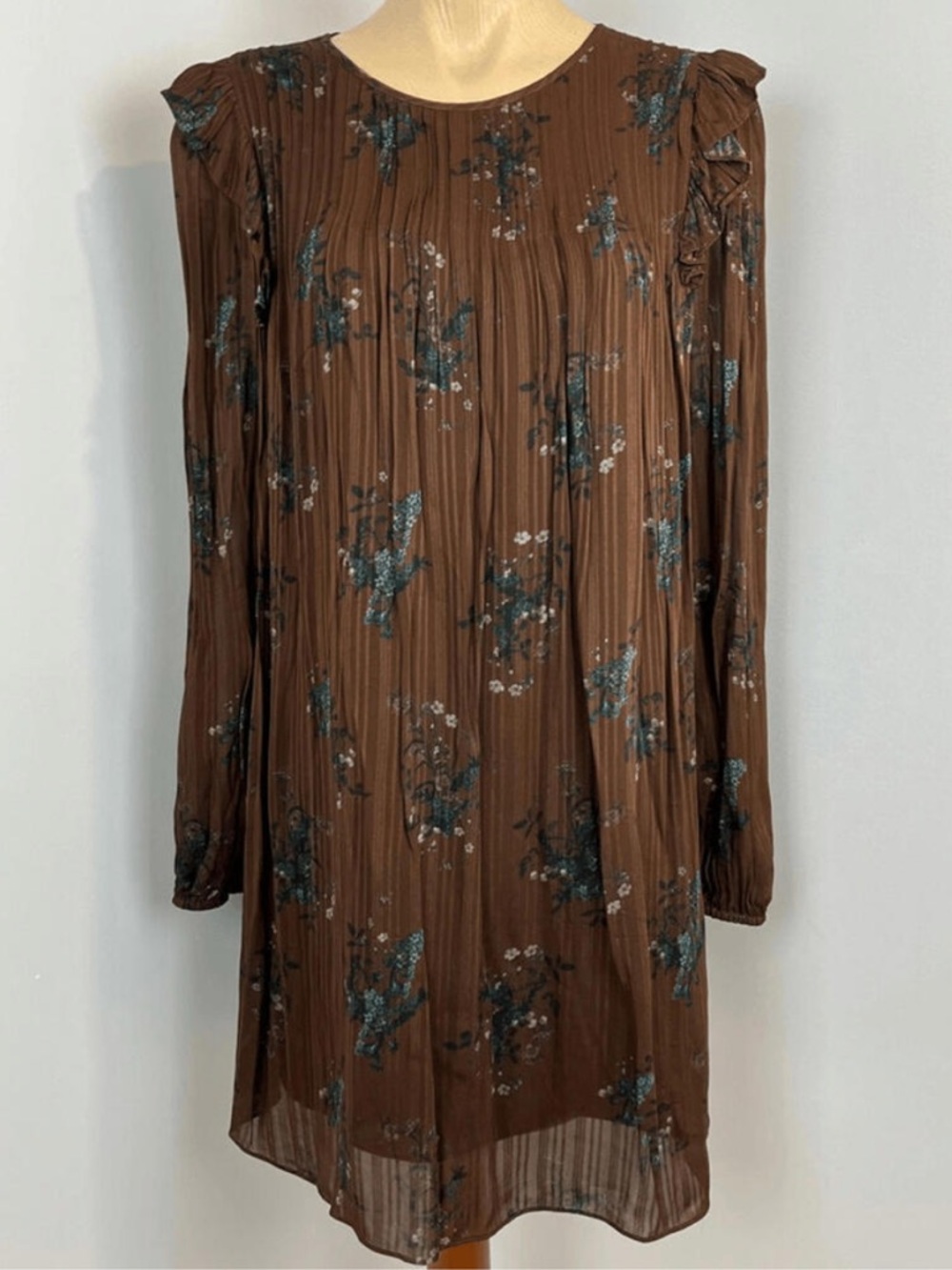 Wilfred Brown Floral Long-Sleeve Pleated Shift Dress